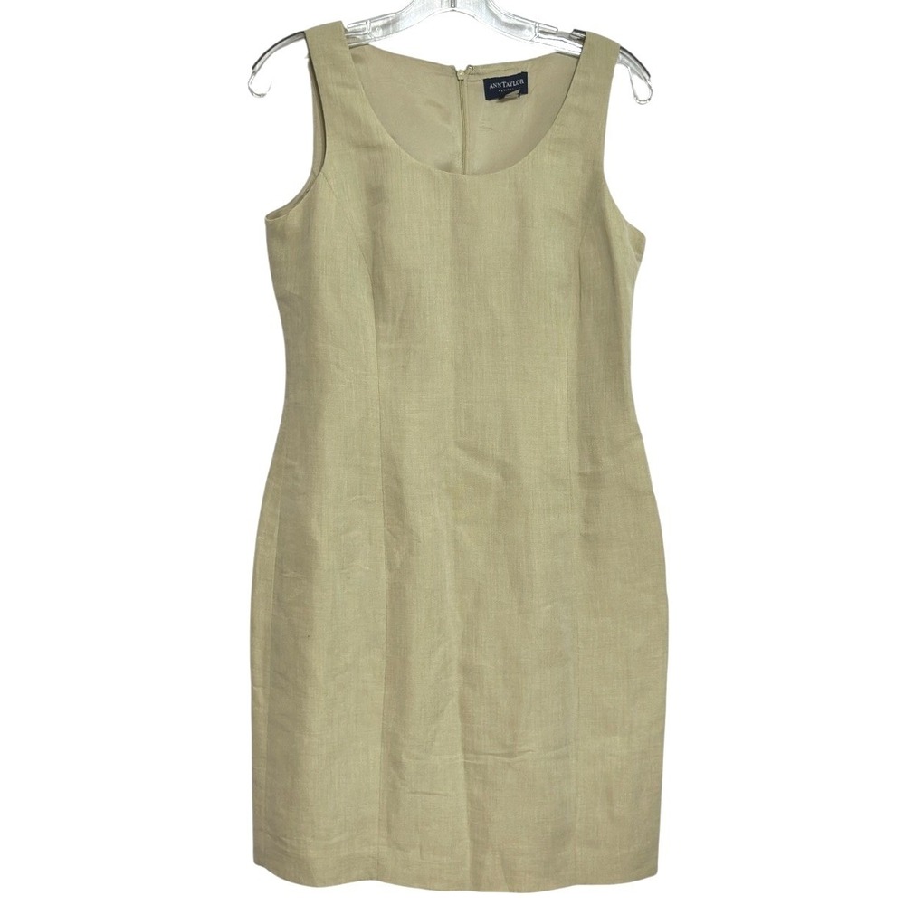 Ann‎ Taylor Sheath Dress Womens Tan Linen Sleeveless Minimalist Tailored 10P